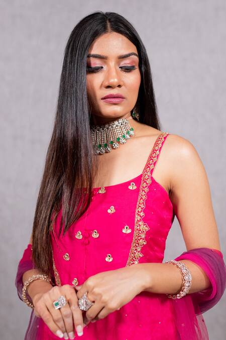 Ewaz Pink Organza, Net, Georgette Mirror Work, Embroidered Strappy Kurta Sharara Set at Aza Fashions Ewaz_Pink Organza, Net, Georgette Mirror Work, Embroidered Strappy Kurta Sharara Set _at_Aza_Fashions