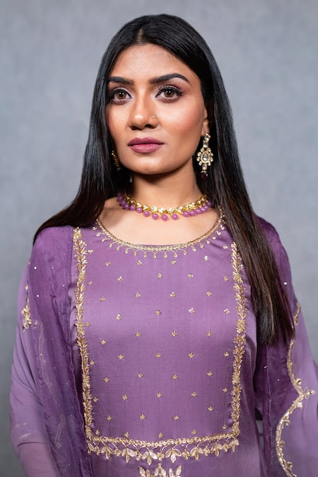 Ewaz_Purple Organza, Georgette, Silk Organza, Floral Embroidered Kurta Lehenga Set _Online_at_Aza_Fashions
