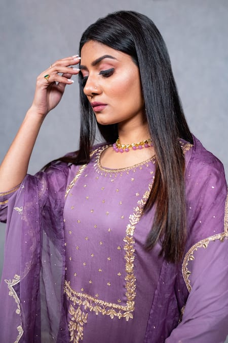 Shop_Ewaz_Purple Organza, Georgette, Silk Organza, Floral Embroidered Kurta Lehenga Set _Online_at_Aza_Fashions