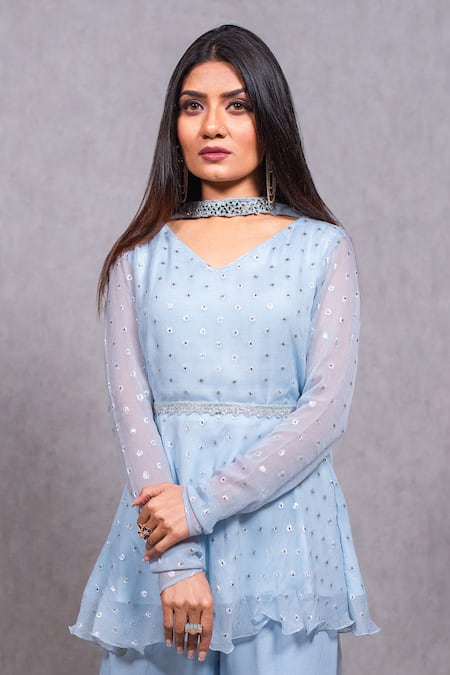 Buy_Ewaz_Blue Crepe, Chiffon, Georgette Mirror Hand Embroidered Peplum Kurta Sharara Set _Online_at_Aza_Fashions