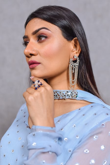 Shop_Ewaz_Blue Crepe, Chiffon, Georgette Mirror Hand Embroidered Peplum Kurta Sharara Set _Online_at_Aza_Fashions