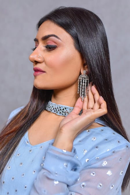 Ewaz_Blue Crepe, Chiffon, Georgette Mirror Hand Embroidered Peplum Kurta Sharara Set _at_Aza_Fashions