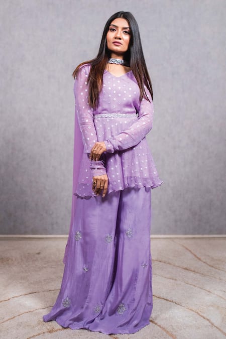 Ewaz Purple Chiffon Hand Embroidered Nalki Work V Neck Peplum Kurta Sharara Set 