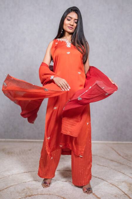 Buy_Ewaz_Orange Modal Satin, Kota, Rayon Crepe Gota Work, Floral Embroidered Kurta Set _Online_at_Aza_Fashions