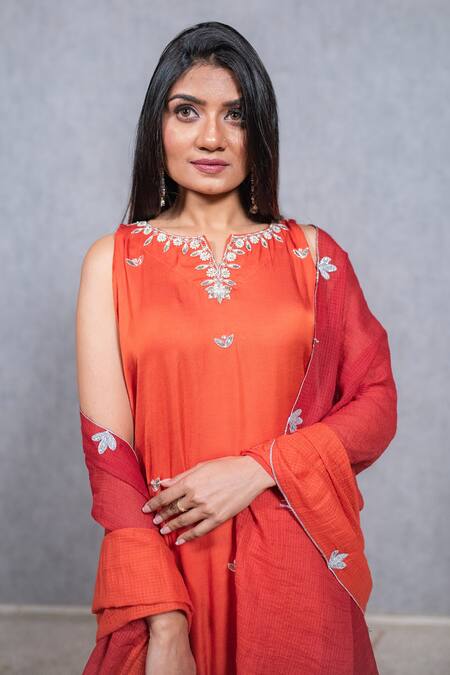 Shop_Ewaz_Orange Modal Satin, Kota, Rayon Crepe Gota Work, Floral Embroidered Kurta Set _Online_at_Aza_Fashions