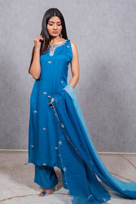 Buy_Ewaz_Blue Modal Satin, Kota, Rayon Crepe Gota Work, Floral Embroidered Kurta Set _Online_at_Aza_Fashions