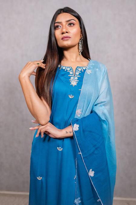 Shop_Ewaz_Blue Modal Satin, Kota, Rayon Crepe Gota Work, Floral Embroidered Kurta Set _Online_at_Aza_Fashions