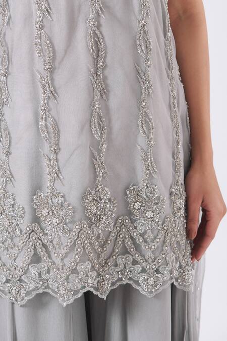 Ewaz Grey Net, Georgette Pearl Work, Zari Work, Embroidered Strappy Kurta Sharara Set Online at Aza Fashions Ewaz_Grey Net, Georgette Pearl Work, Zari Work, Embroidered Strappy Kurta Sharara Set _Online_at_Aza_Fashions