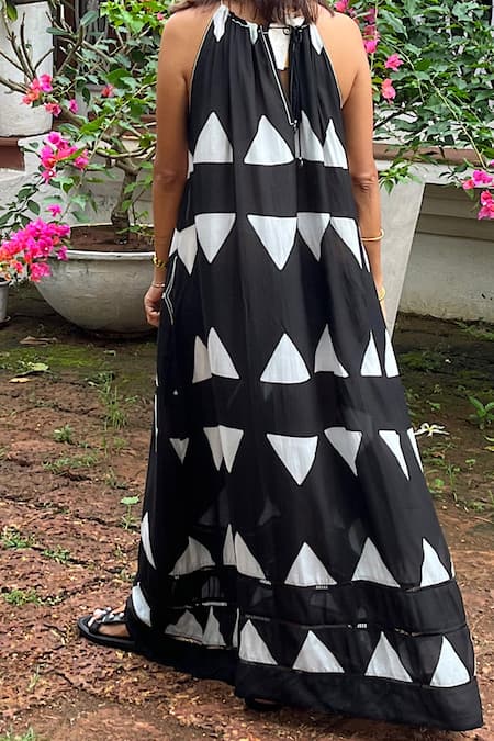 Rriso_Black Cotton Geometric Motifs Halter Neck Flared Dress_Online_at_Aza_Fashions
