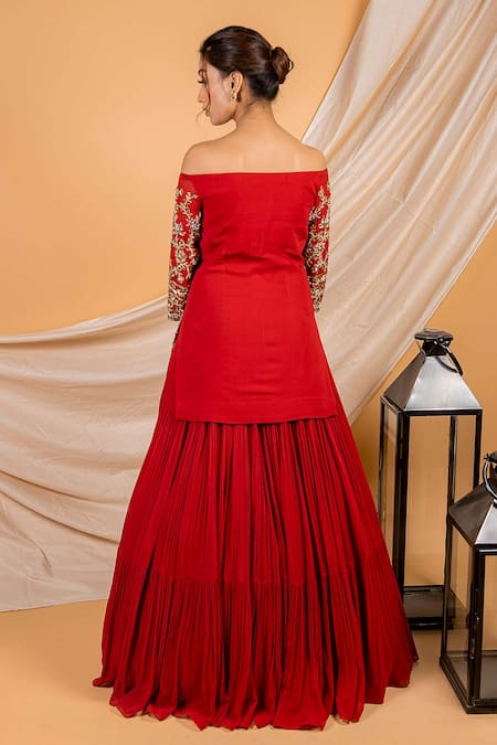 Shop_Ikshita Choudhary_Red Net, Georgette Floral Motifs Straight Off Shoulder Kurta Lehenga Set _at_Aza_Fashions
