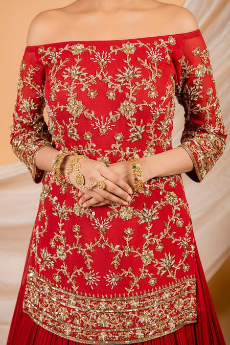 Shop_Ikshita Choudhary_Red Net, Georgette Floral Motifs Straight Off Shoulder Kurta Lehenga Set _Online_at_Aza_Fashions