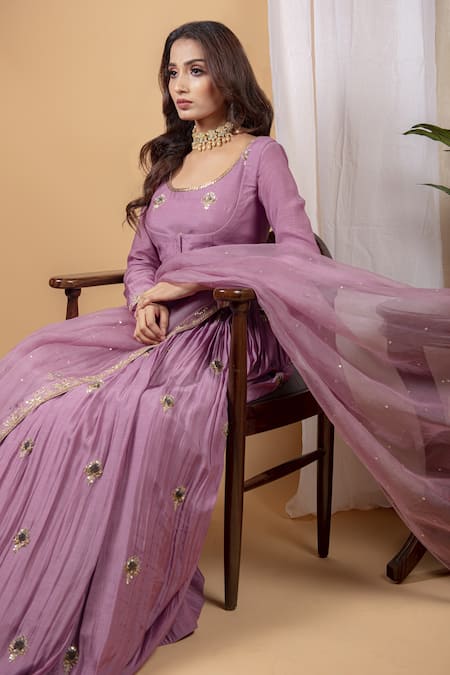 Buy_Ikshita Choudhary_Purple Organza, Muslin Floral Motifs Round Embroidered Anarkali Set With Jacket _Online_at_Aza_Fashions