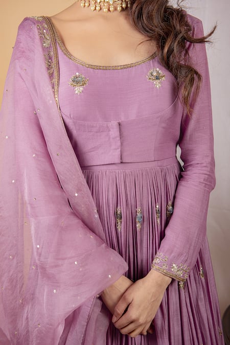 Shop_Ikshita Choudhary_Purple Organza, Muslin Floral Motifs Round Embroidered Anarkali Set With Jacket _Online_at_Aza_Fashions