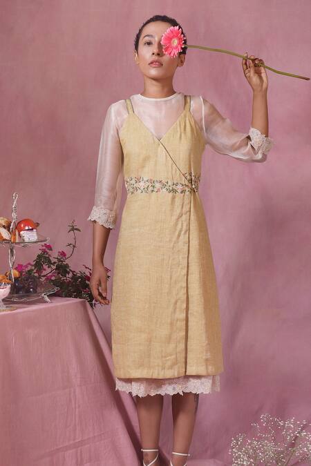 Chokhi Chorri_Yellow Jute Silk, Cotton Net Floral Motifs Dress Round, Jacket V With Sheer_Online_at_Aza_Fashions