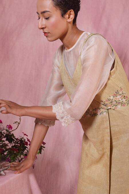 Buy_Chokhi Chorri_Yellow Jute Silk, Cotton Net Floral Motifs Dress Round, Jacket V With Sheer_Online_at_Aza_Fashions