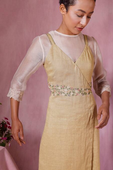 Shop_Chokhi Chorri_Yellow Jute Silk, Cotton Net Floral Motifs Dress Round, Jacket V With Sheer_Online_at_Aza_Fashions