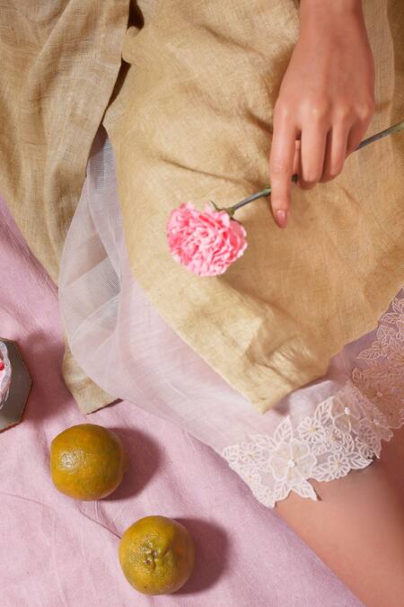 Chokhi Chorri_Yellow Jute Silk, Cotton Net Floral Motifs Dress Round, Jacket V With Sheer_at_Aza_Fashions