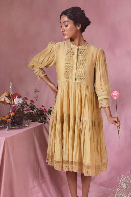 Chokhi Chorri_Yellow Malai Cotton Plain Band Collar Tiered Smocked Yoke Dress _Online_at_Aza_Fashions
