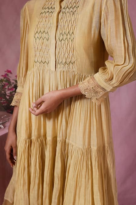 Shop_Chokhi Chorri_Yellow Malai Cotton Plain Band Collar Tiered Smocked Yoke Dress _Online_at_Aza_Fashions