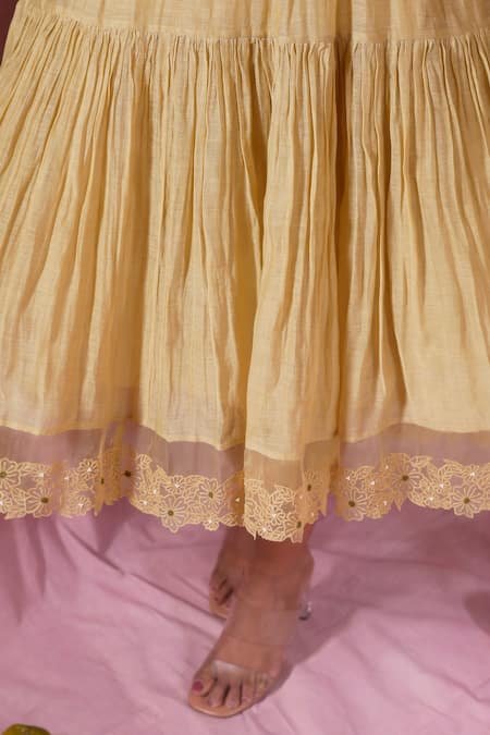 Chokhi Chorri_Yellow Malai Cotton Plain Band Collar Tiered Smocked Yoke Dress _at_Aza_Fashions