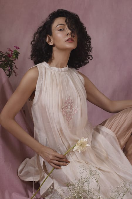 Shop_Chokhi Chorri_Beige Cotton Net Embroidery Floral Motifs Round Pleated Kurta And Pant Set _Online_at_Aza_Fashions