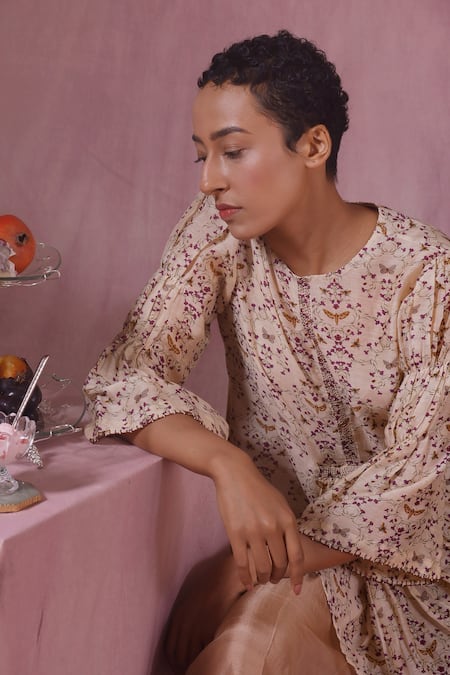 Buy_Chokhi Chorri_Beige Mulberry Silk Printed Floral Motifs Round Kurta And Pant Set _Online_at_Aza_Fashions