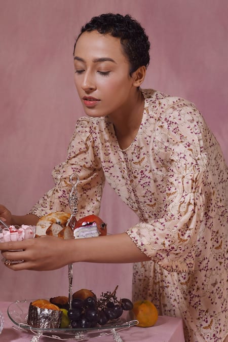 Shop_Chokhi Chorri_Beige Mulberry Silk Printed Floral Motifs Round Kurta And Pant Set _Online_at_Aza_Fashions