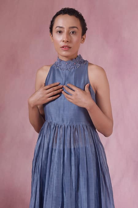 Chokhi Chorri_Blue Chanderi, Cotton Net Floral Motifs Round Anarkali And Pant Set_Online_at_Aza_Fashions