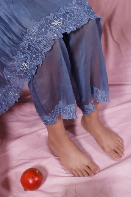 Chokhi Chorri_Blue Chanderi, Cotton Net Floral Motifs Round Anarkali And Pant Set_at_Aza_Fashions
