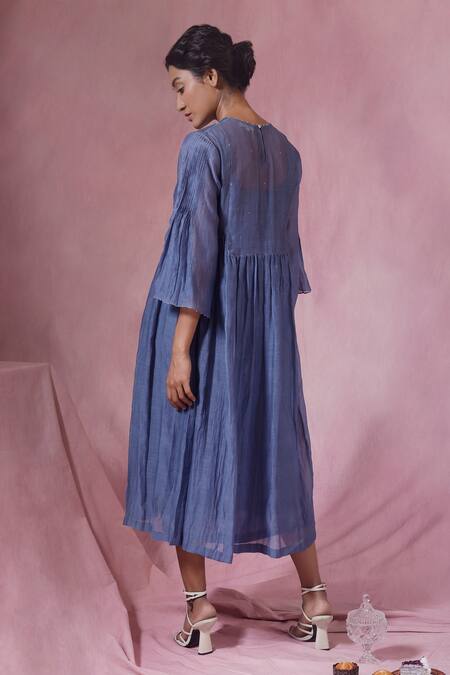 Shop_Chokhi Chorri_Blue Malai Cotton Embroidery Fly Round Flared Kurta _at_Aza_Fashions
