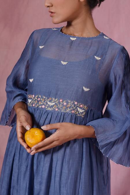 Chokhi Chorri_Blue Malai Cotton Embroidery Fly Round Flared Kurta _Online_at_Aza_Fashions