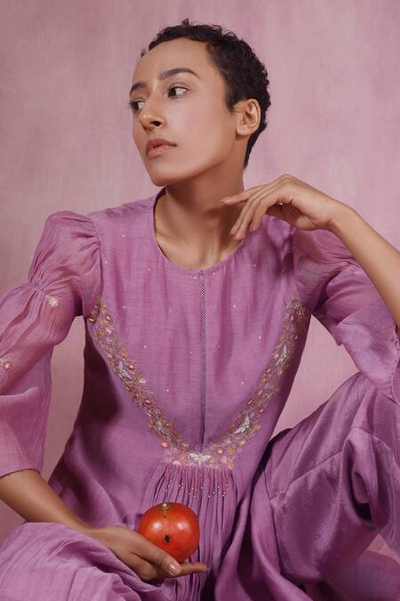 Chokhi Chorri_Purple Malai Cotton Embroidery Floral Motifs Round Gathered Kurta And Pant Set_Online_at_Aza_Fashions