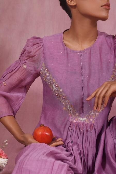 Shop_Chokhi Chorri_Purple Malai Cotton Embroidery Floral Motifs Round Gathered Kurta And Pant Set_Online_at_Aza_Fashions