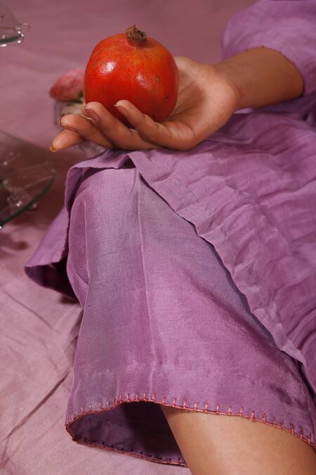 Chokhi Chorri_Purple Malai Cotton Embroidery Floral Motifs Round Gathered Kurta And Pant Set_at_Aza_Fashions