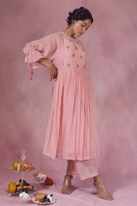 Chokhi Chorri_Pink Malai Cotton Embroidery Floral Motifs Round Kurta And Pant Set _Online_at_Aza_Fashions