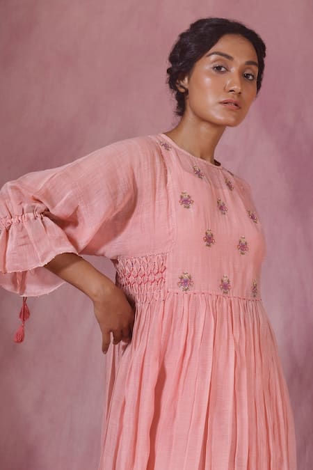 Shop_Chokhi Chorri_Pink Malai Cotton Embroidery Floral Motifs Round Kurta And Pant Set _Online_at_Aza_Fashions