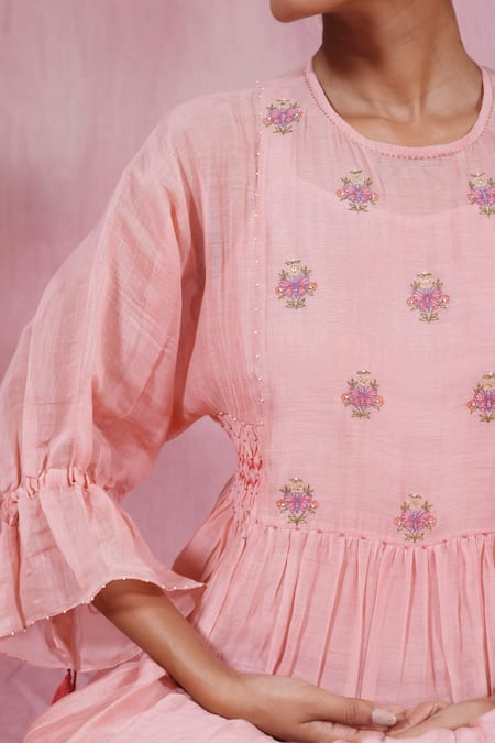 Chokhi Chorri_Pink Malai Cotton Embroidery Floral Motifs Round Kurta And Pant Set _at_Aza_Fashions