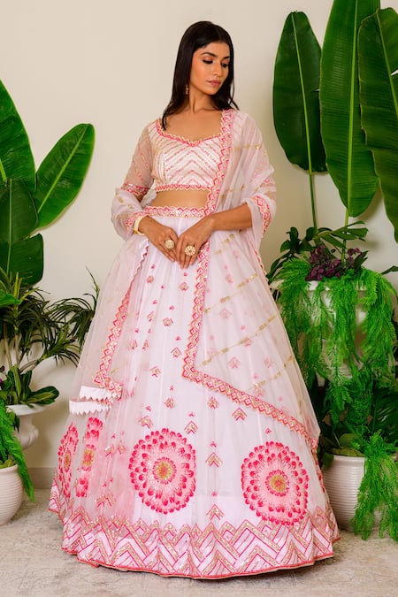 Label Kritika Kataria_Pink Organza Sequin And Beads Leaf Neck Embroidered Lehenga Set_Online_at_Aza_Fashions