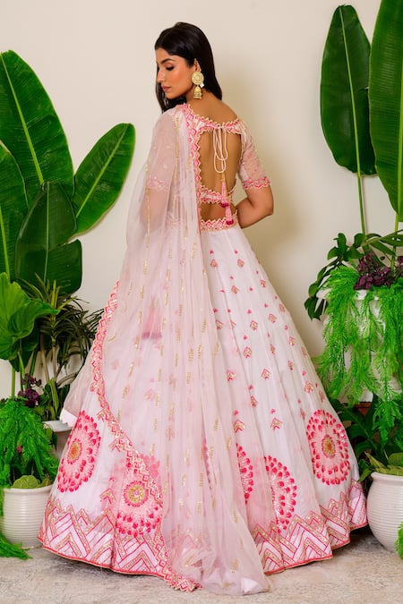 Buy_Label Kritika Kataria_Pink Organza Sequin And Beads Leaf Neck Embroidered Lehenga Set_Online_at_Aza_Fashions