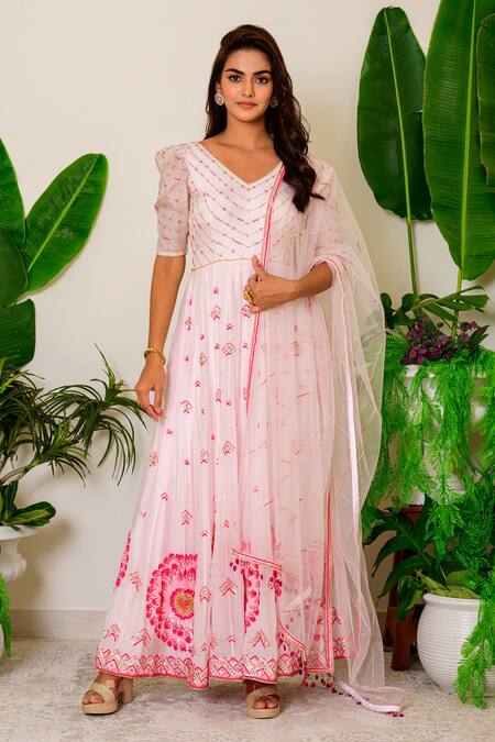 Label Kritika Kataria_Pink Silk Sequin And Beads V Neck Embroidered Anarkali Set_Online_at_Aza_Fashions