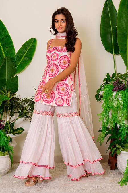 Buy_Label Kritika Kataria_Pink Net And Silk Sequin & Beads Square Neck Embroidered Kurta Sharara Set_Online_at_Aza_Fashions