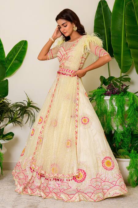 Buy_Label Kritika Kataria_Yellow Organza Sequin And Beads Round Embroidered Lehenga Set_Online_at_Aza_Fashions