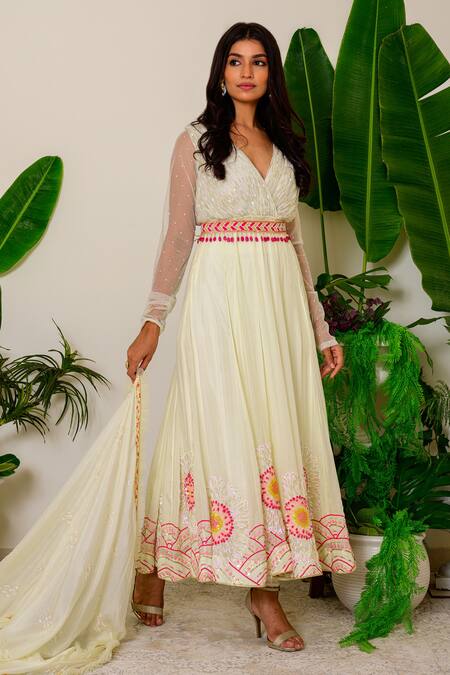 Label Kritika Kataria_Yellow Silk Sequin And Beads V Neck Embroidered Anarkali Set_Online_at_Aza_Fashions