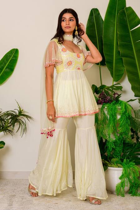 Label Kritika Kataria_Yellow Silk Sequin And Beads Square Neck Embroidered Kurta Sharara Set_Online_at_Aza_Fashions