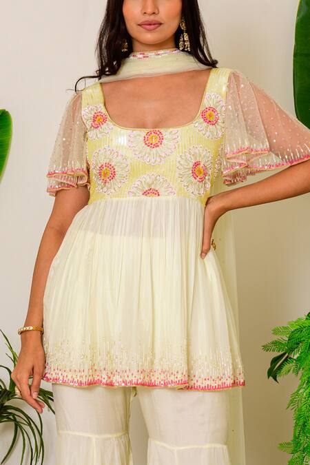 Shop_Label Kritika Kataria_Yellow Silk Sequin And Beads Square Neck Embroidered Kurta Sharara Set_Online_at_Aza_Fashions