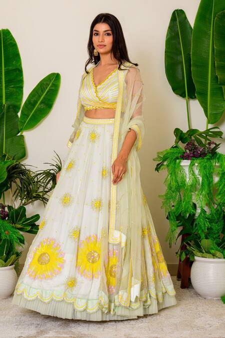 Label Kritika Kataria_Green Organza Sequin And Beads V Neck Embroidered Lehenga Set_Online_at_Aza_Fashions