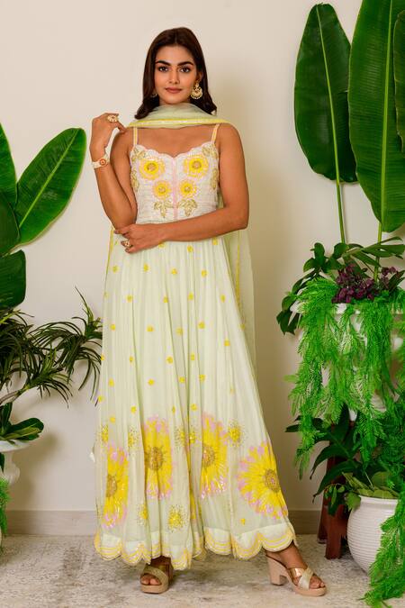 Label Kritika Kataria_Green Silk Sequin And Beads V Neck Embroidered Anarkali Set_Online_at_Aza_Fashions