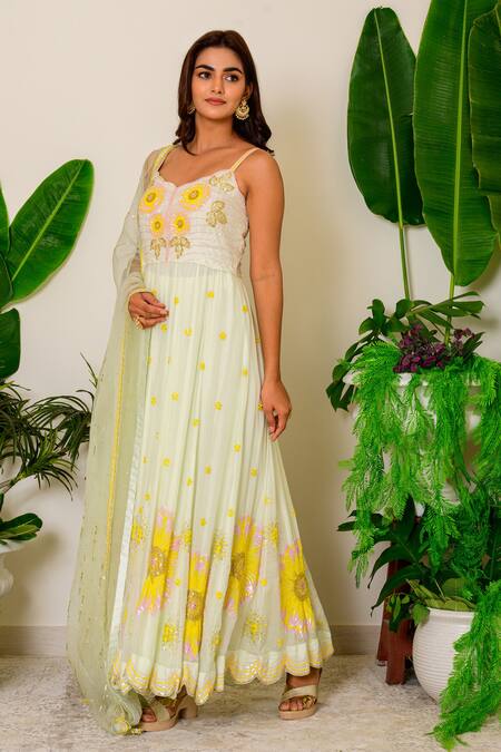 Buy_Label Kritika Kataria_Green Silk Sequin And Beads V Neck Embroidered Anarkali Set_Online_at_Aza_Fashions