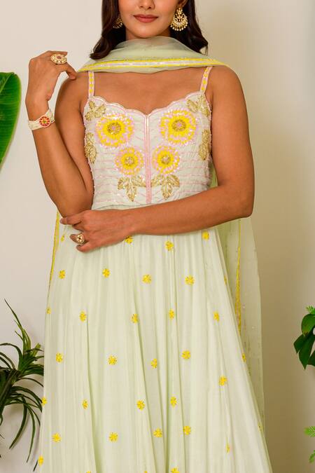 Shop_Label Kritika Kataria_Green Silk Sequin And Beads V Neck Embroidered Anarkali Set_Online_at_Aza_Fashions