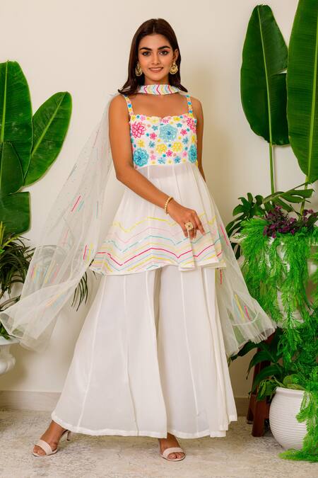 Label Kritika Kataria_White Crepe Sequin, Crystal And Beads Square Embroidered Flared Kurta Palazzo Set_Online_at_Aza_Fashions